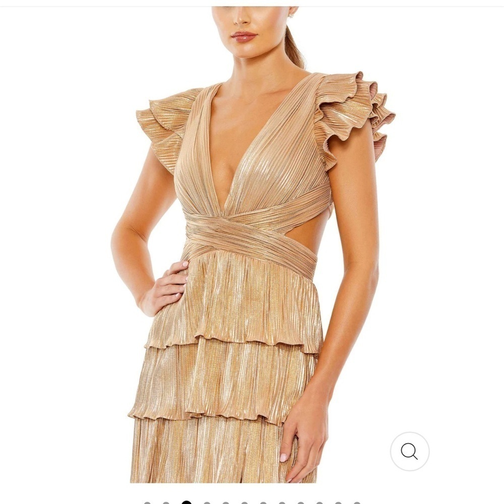 Mac Duggal Gold Ruffle Maxi Dress Size 8 Metallic Pleated Slit Gown NWT - Picture 3 of 11